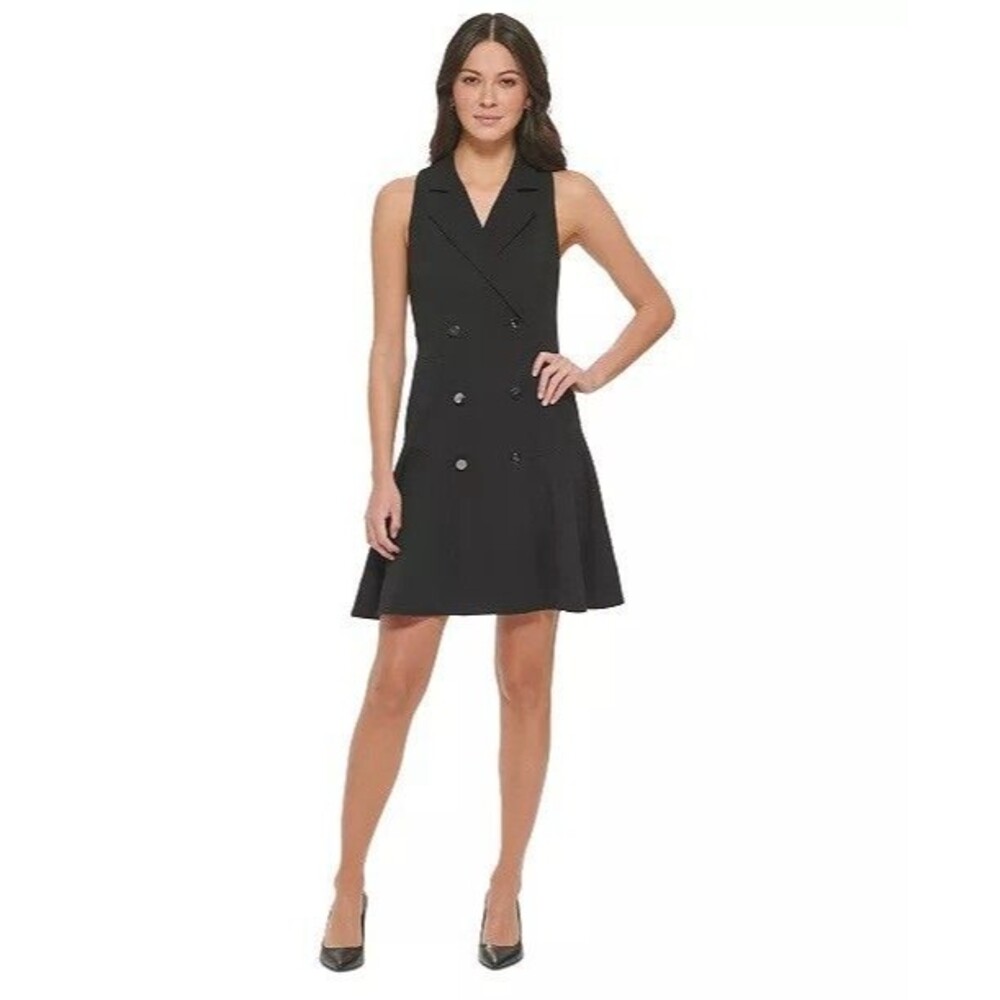 DKNY Women's Black Sleeveless Collared Button A-Line Dress Size 4P